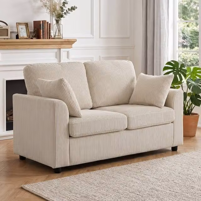 HOMCOM 2 Seater Corduroy Sofa in Beige with Mixed Padding and Scatter Cushions – 1