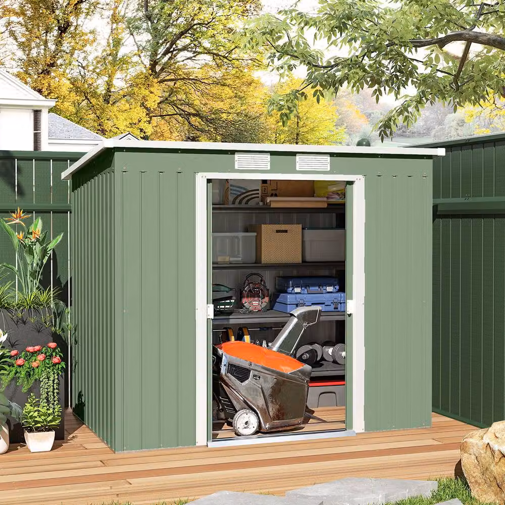 Rolipo Green Galvanised Steel Garden Shed with Foundation Kit, Double Doors and Side Vent, W/D/H: 213.36 x 121.92 x 172 cm – 3