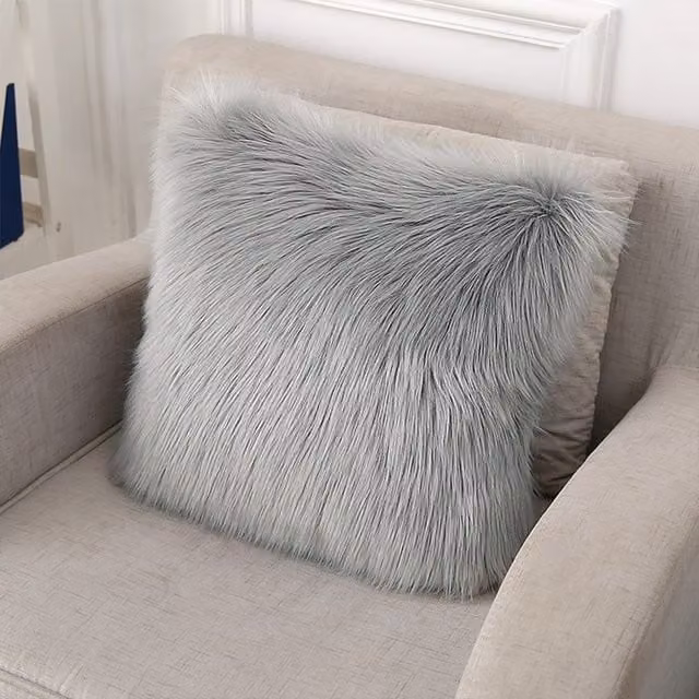 Lifeideas Square Grey Faux Fur Plush Pillowcase with Removable Cover