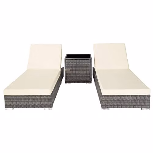 tectake 3-Piece Rattan Sun Lounger Set with Powder Coated Aluminium Frame, Side Tray and Weatherproof Cushions in Grey and Beige – 4