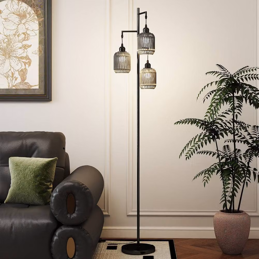 Costway 3-Light Farmhouse Floor Lamp in Black with Foot Switch, Height: 173 cm – 3
