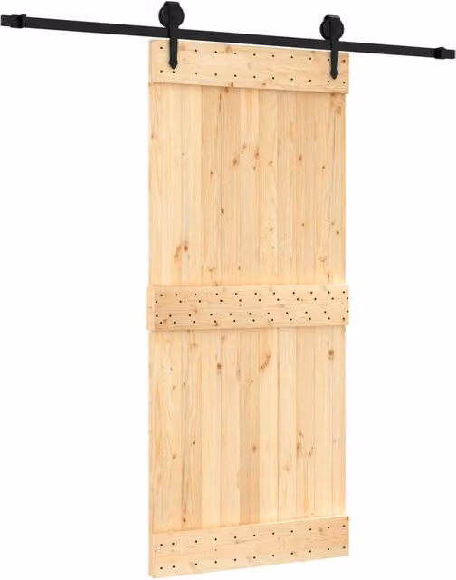 Berkfield Home Rustic Solid Wood Pine Sliding Door with Hardware Set, Light Brown, W: 90 cm, H: 210 cm