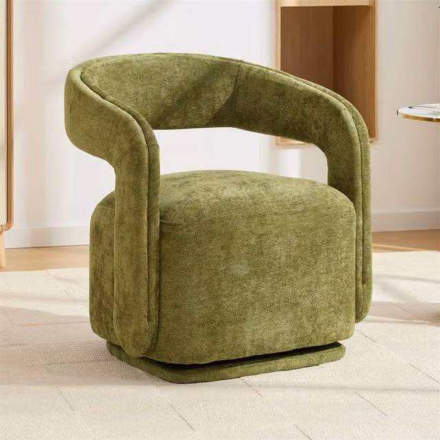 Direct Wicker Green Chenille 360 Degree Swivel Armchair with Fabric Covered Wooden Base