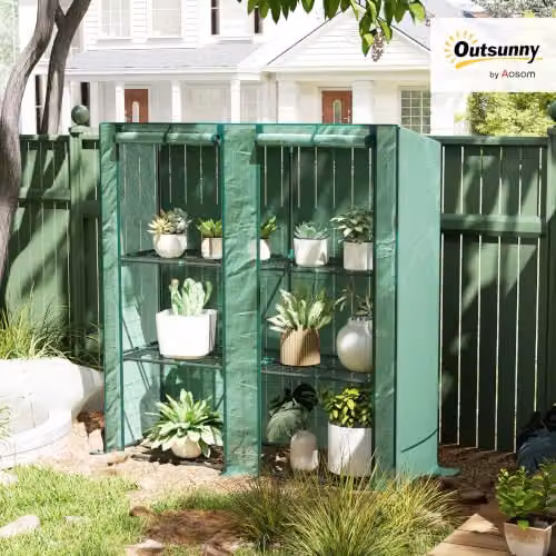 Outsunny 3 Tier Lean-to Mini Pent Greenhouse in Green, W/D/H: 144 x 48 x 152 cm – 2