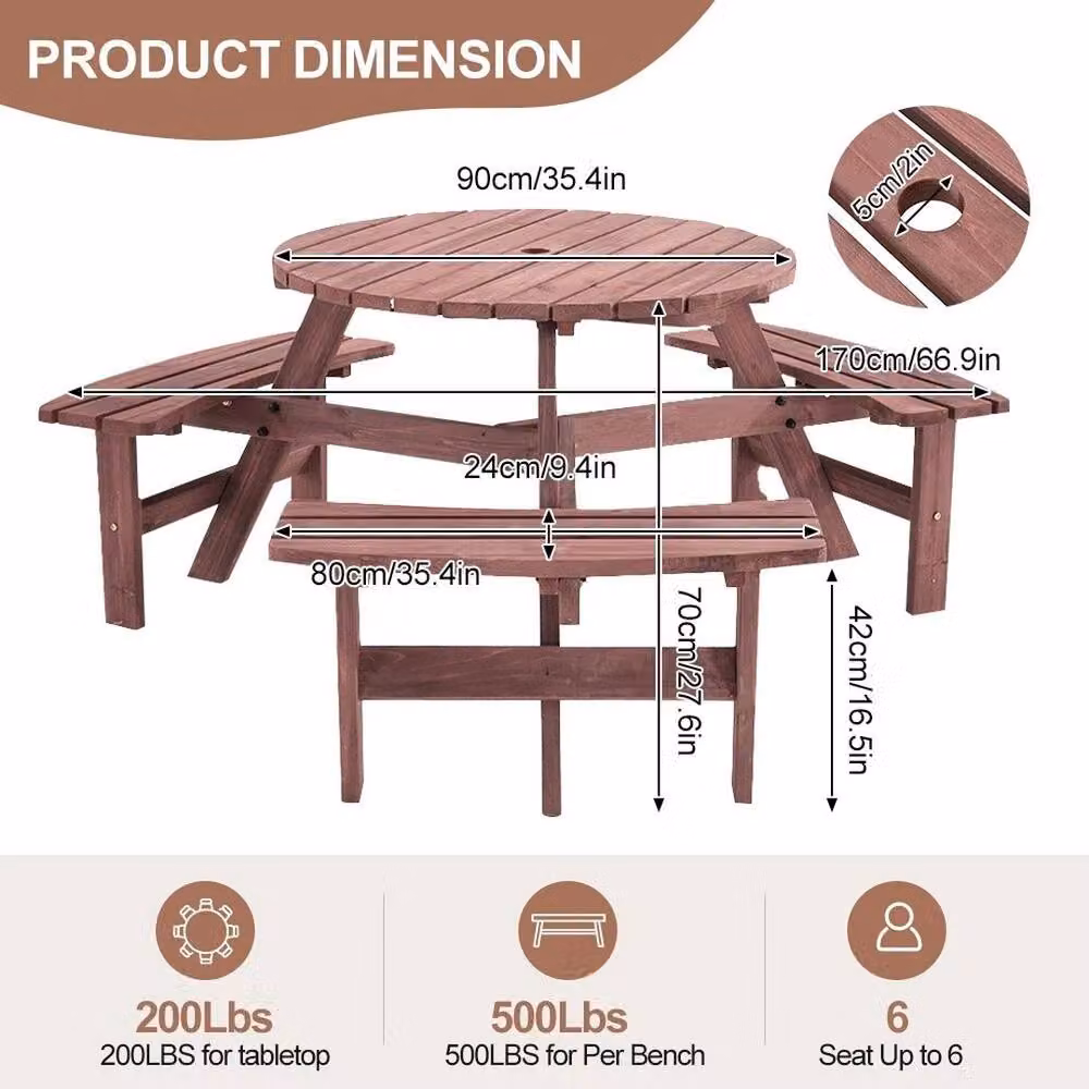Hinsinc 6 Seater Wooden Round Picnic Table and Bench Set in Brown – 2