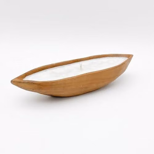 Minster Brown Wood Root Boat Bowl with Candle, W: 40 cm, D: 15 cm, H: 8 cm