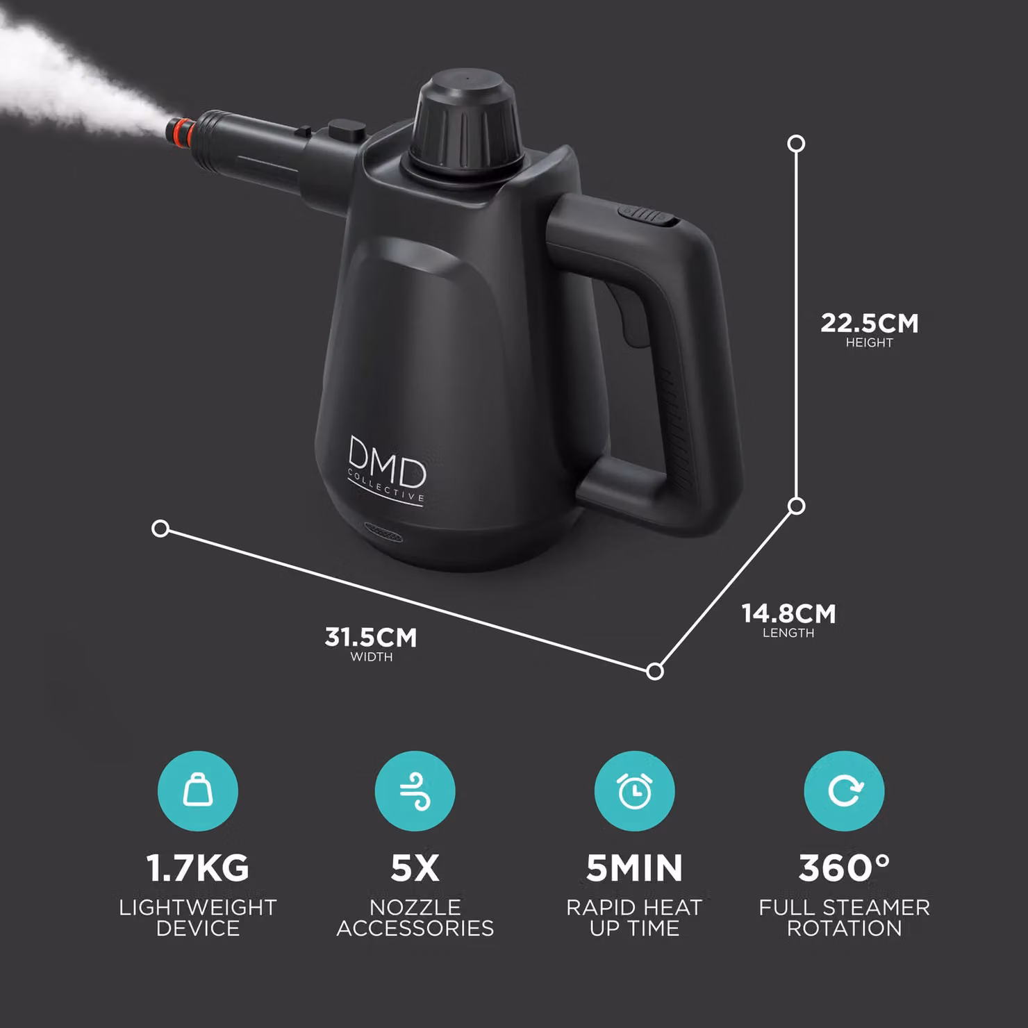 DMD Collective 9-Piece Handheld Steam Cleaner Kit with Accessories, Black, 450ml Tank – 2
