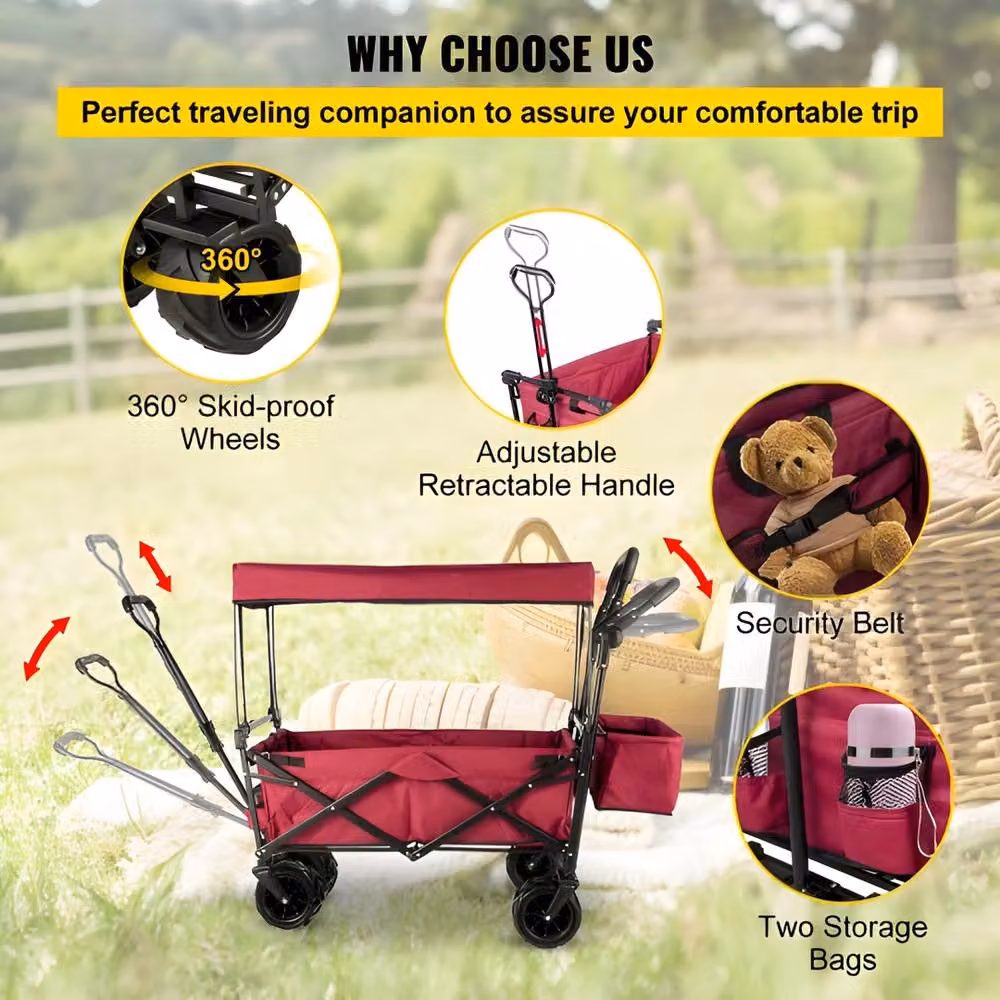 VEVOR Foldable Trolley with Adjustable Handle and Removable Canopy, Red – 2