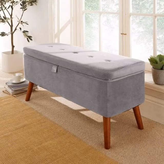 Home Source Carson Velvet Ottoman Storage Box with Legs in Grey