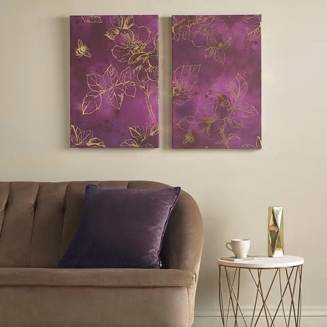 Art for the Home Mulberry Trail Set of 2 Floral Botanical Printed Canvas Wall Art in Purple and Gold
