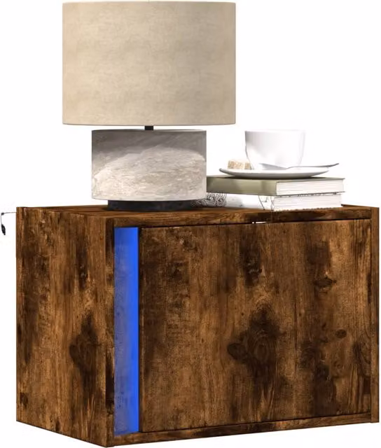 Berkfield Home Set of 2 Wall-mounted Bedside Cabinets with Integrated LED Lights in Smoked Oak Brown – 1