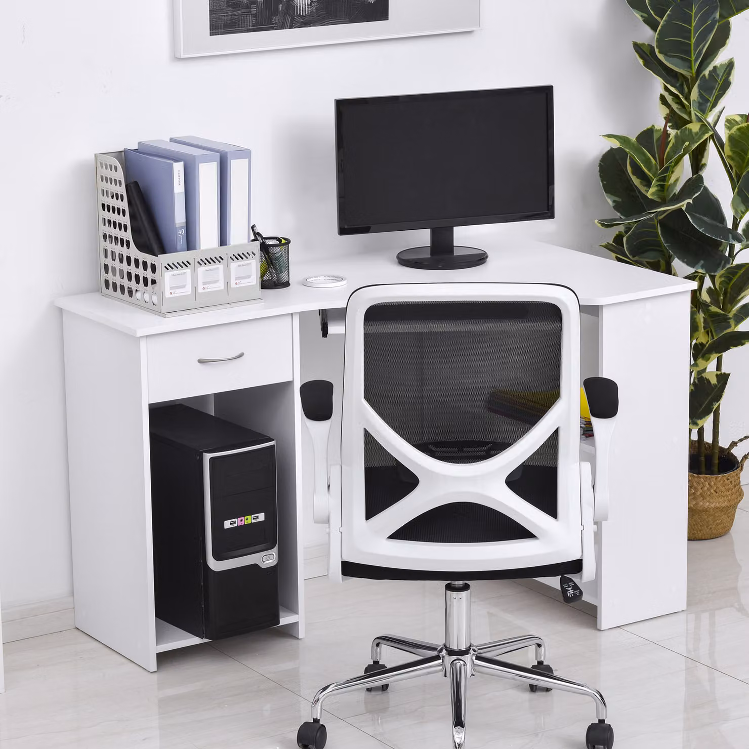 HOMCOM L-Shaped Corner Computer Desk with 2 Shelves, Keyboard Tray and CPU Stand in White – 6
