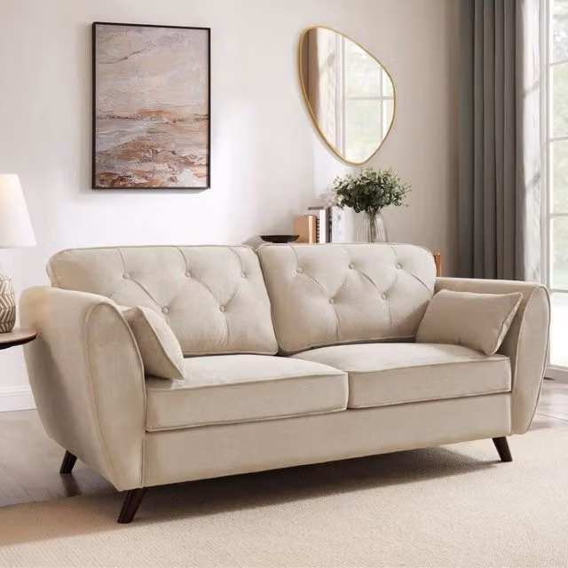 Mona 3-Seater Chesterfield Sofa in Beige Linen with Scatter Cushions