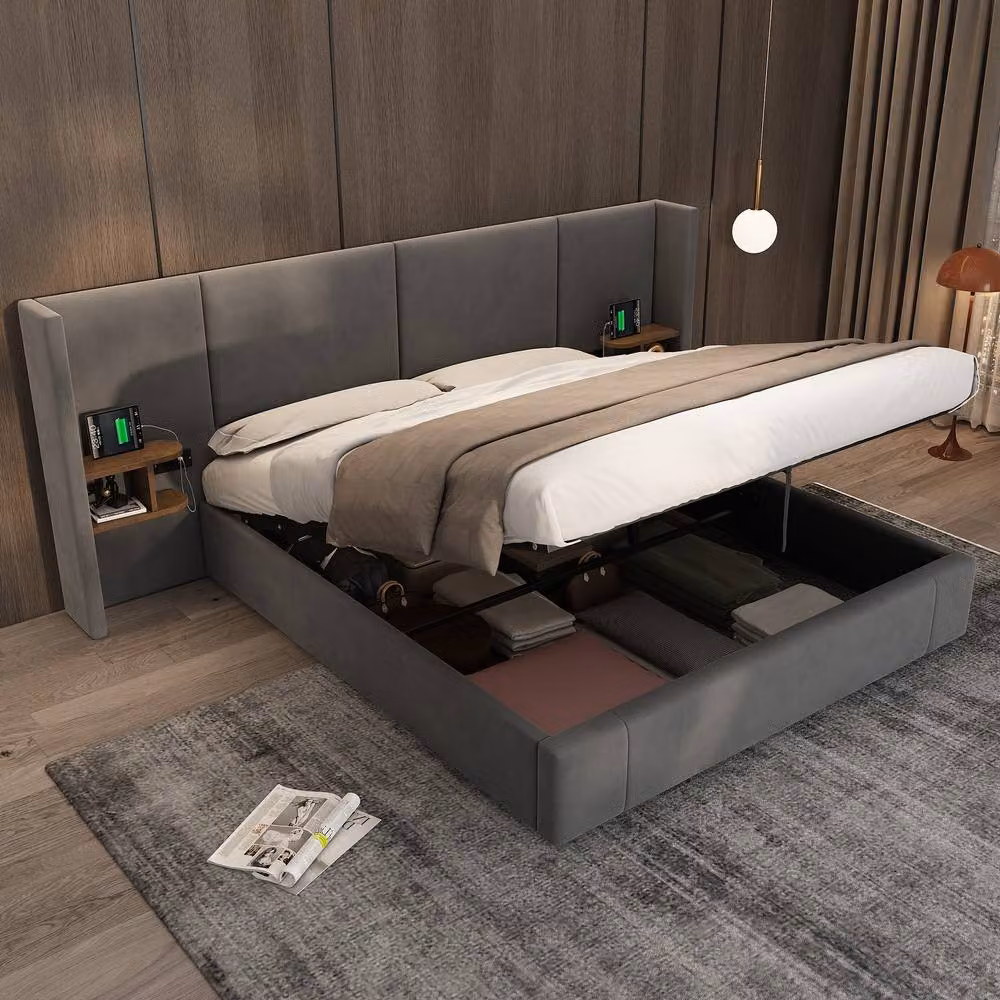 ModernLuxe Upholstered King Ottoman Bed with Wide Headboard and Bedside Tables in Grey – 2