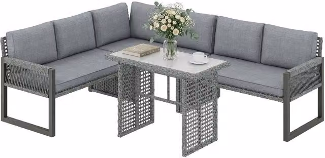 Outsunny 6 Seater Rattan Garden Furniture Set with 4 Piece Grey Polyrattan Design and Glass Table – 5