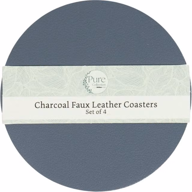 Pure Collection Set of 4 Round Faux Leather Coasters in Anthracite Grey
