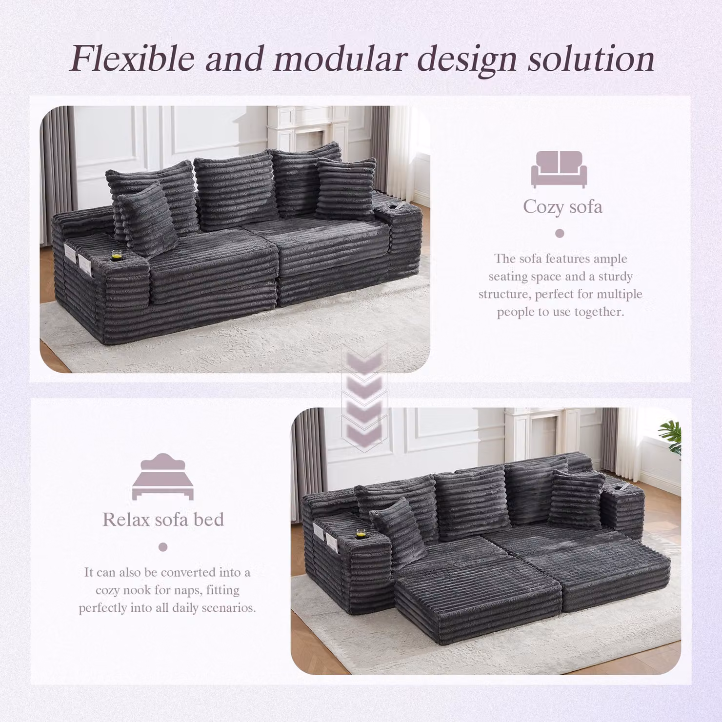 Aosom UK Dark Gray Ribbed Corduroy Convertible Sofa Bed with High Backrest, Extra Pillow and Dual Side Pockets, W/D/H: 38.5 x 107.5 x 34 cm – 4