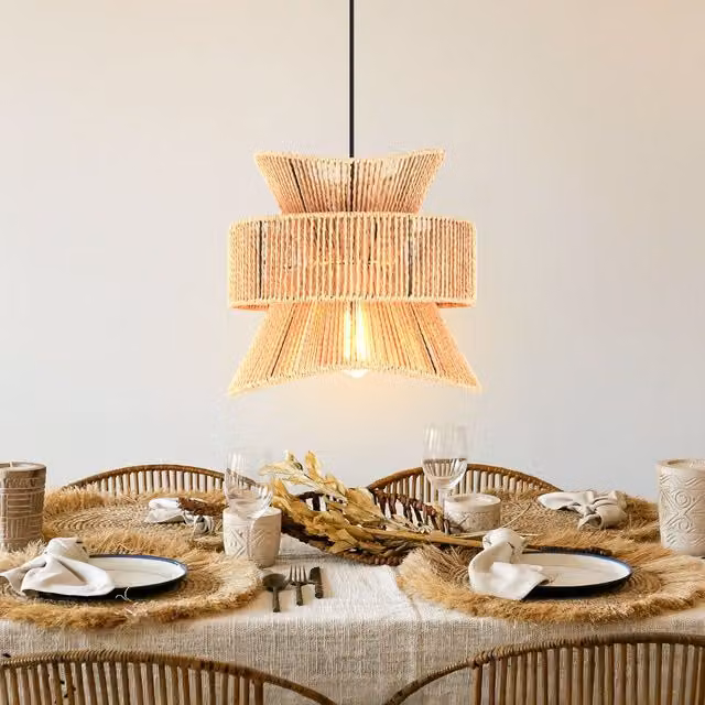 Garwarm Boho Geometric Rattan Pendant Light in Light Brown