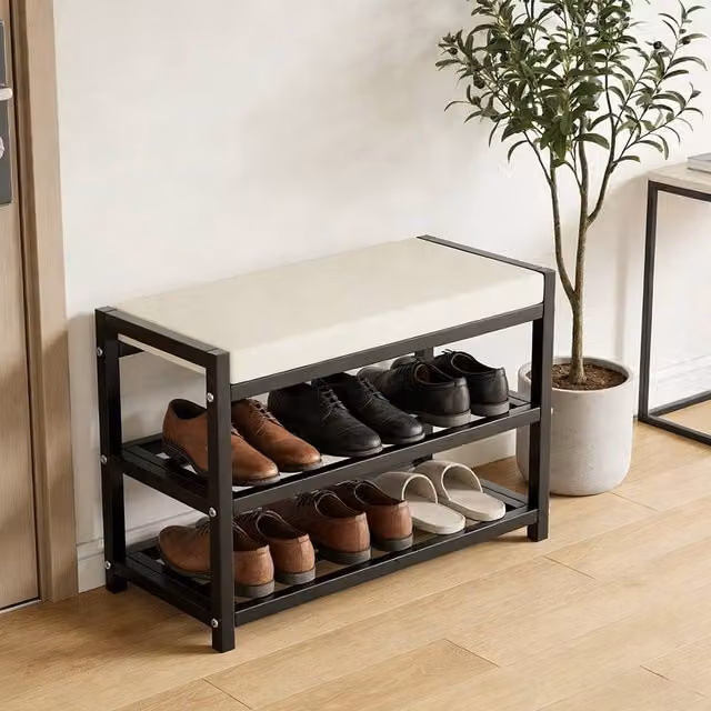 FLAVORA Black Shoe Bench Stool and Storage Rack, W/D/H: 80 x 25 x 43 cm