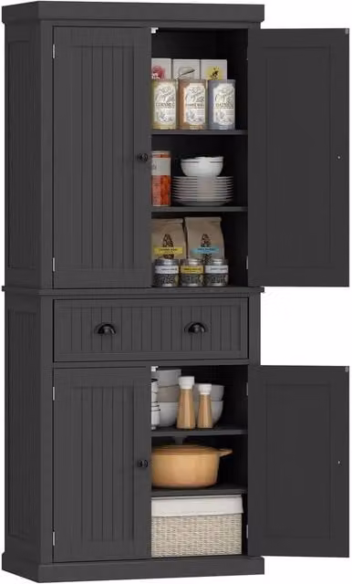 NESTLUNE Modern Black Freestanding Kitchen Storage Cabinet with Drawers, Cupboards and Shelves, W: 100 cm, D: 15 cm – 1