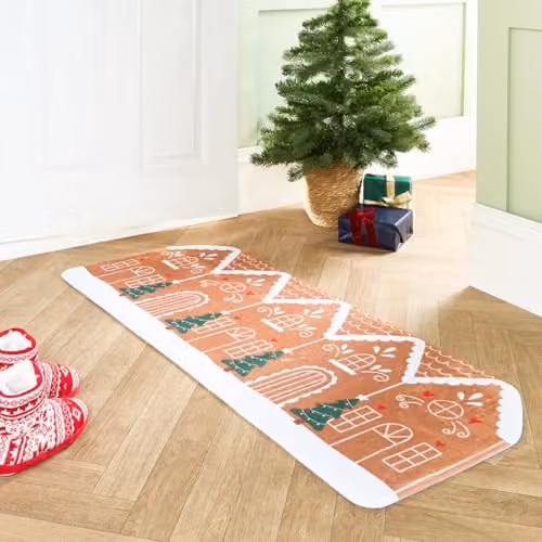 OHS Gingerbread Christmas Runner Rug, Non-Slip and Washable Polyester Floor Mat for Hallway, Living Room or Kitchen, Brown, W: 50 cm, L: 120 cm