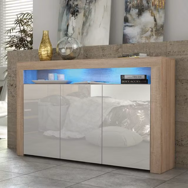 Creative Furniture Aether Modern Sideboard in White and Brown with Integrated Lighting, W: 155 cm, D: 40 cm, H: 92 cm