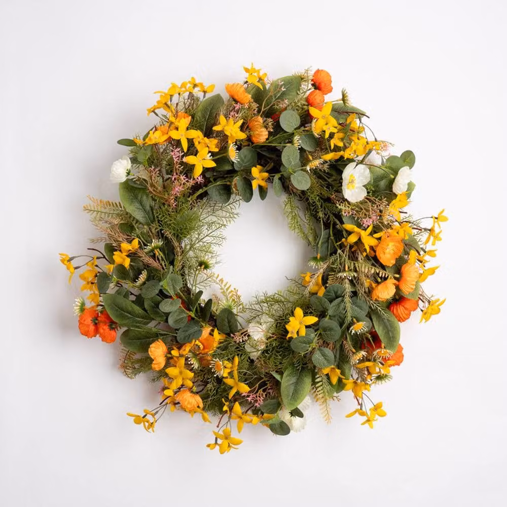 Scottish Everlastings Ltd Rustic Forsythia and Poppy Floral Wreath in Yellow, Red and Green, Diameter: 60 cm – 3
