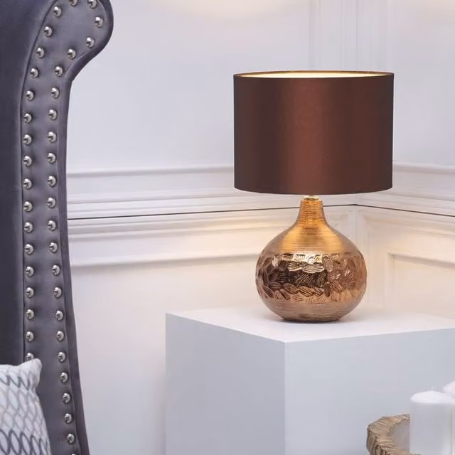 Wyld and Coco Teardrop Ceramic Table Lamp in Brown with Fabric Shade, Height: 43 cm