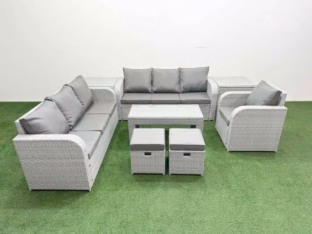 Fimous 9 Seater Poly Rattan Outdoor Garden Furniture Set in Grey with Oblong Coffee Table, 3 Seater Sofas, Reclining Chairs and Stools