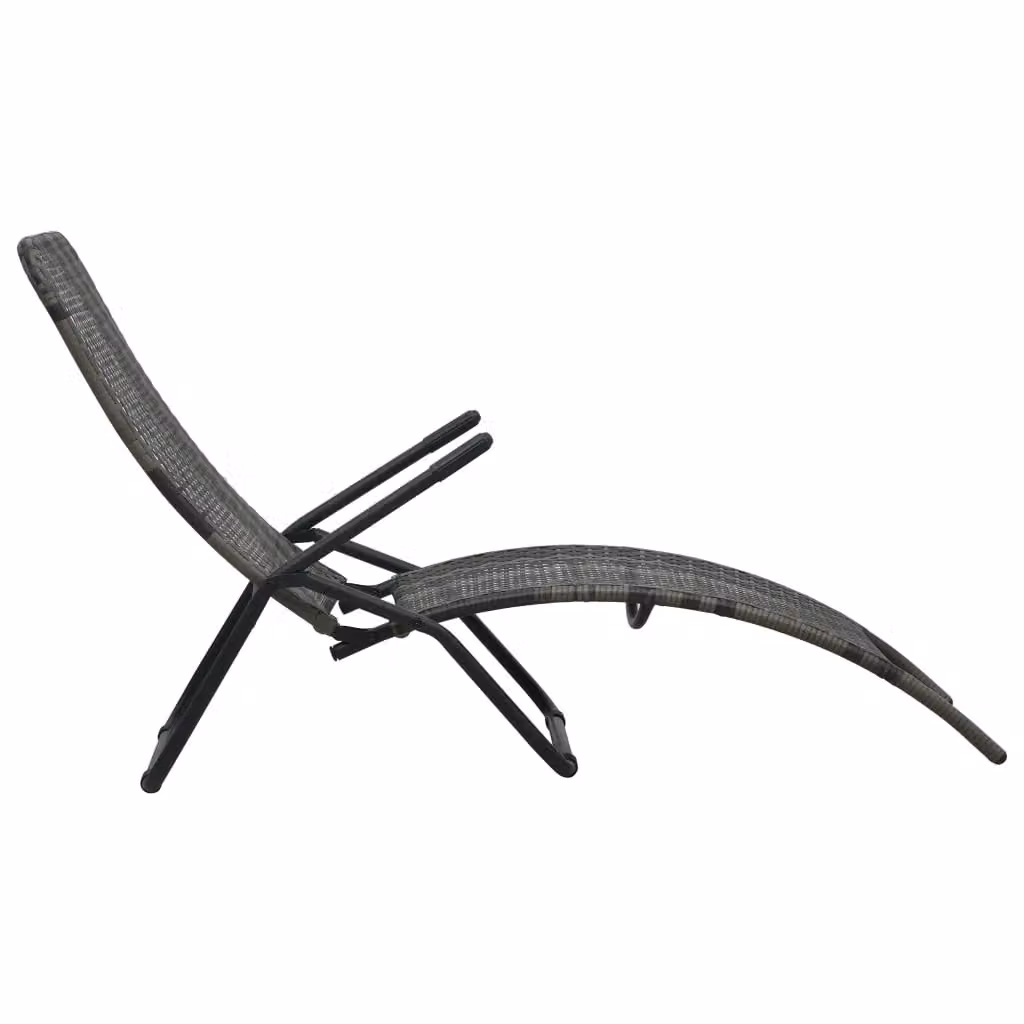 Berkfield Home Folding Sun Lounger in Grey Poly Rattan with Striped Fabric and Armrests – 3