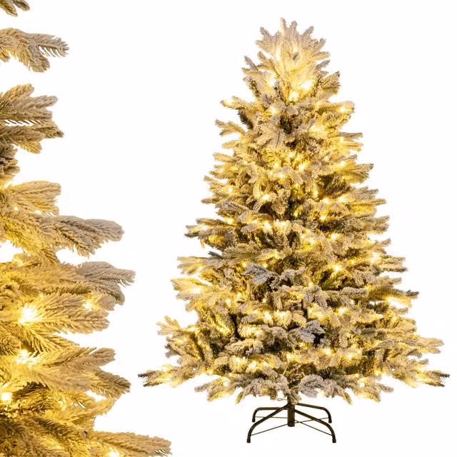 Gymax 146 cm Pre-Lit Flocked Christmas Tree with 688 Tips and 200 LED Lights in Green – 1