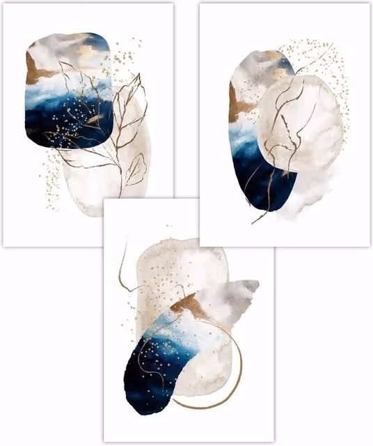 ARTZE Set of 3 Modern Abstract Geometric Paper Posters in Blue, Beige and Gold, W: 59 cm, H: 84 cm
