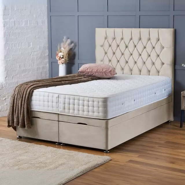 BSSPOKE Mia Ottoman Divan Bed with 54 inch Headboard and Mattress in Beige Plush Velvet, W/D/H: 180 x 200 cm