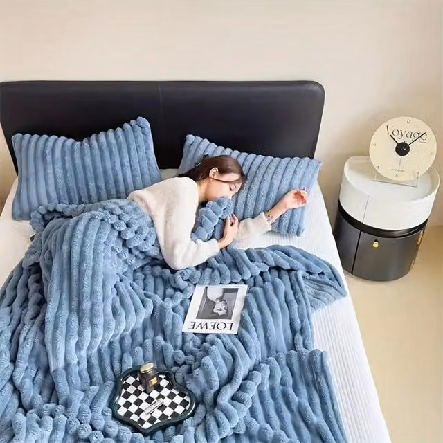 Dyzi Blue Faux Rabbit Fur Double Sided Throw Blanket