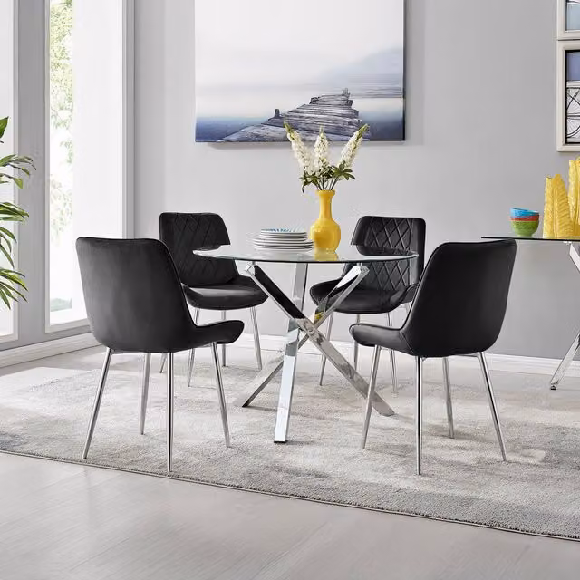 FurnitureboxUK Selina Round Black Glass Dining Table with Four Pesaro Silver Leg Chairs