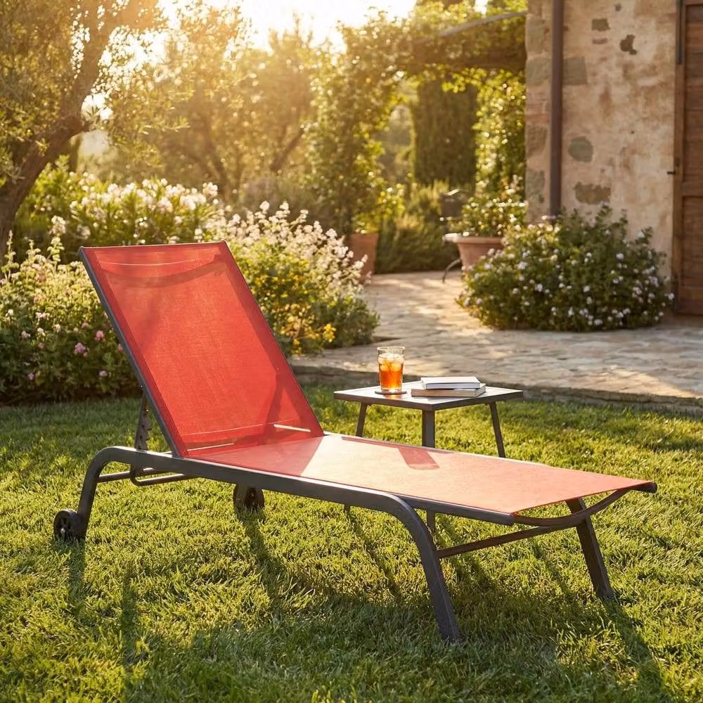 VCM Rolls Sonlas Sun Lounger Deck Chair in Red with Adjustable Headrest and Castors – 2