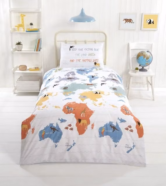 Rapport Home My World Reversible Polycotton Duvet Cover and Pillowcase Set with Animal Graphic, White, W/D/H: 200 x 220 cm and 140 x 200 cm