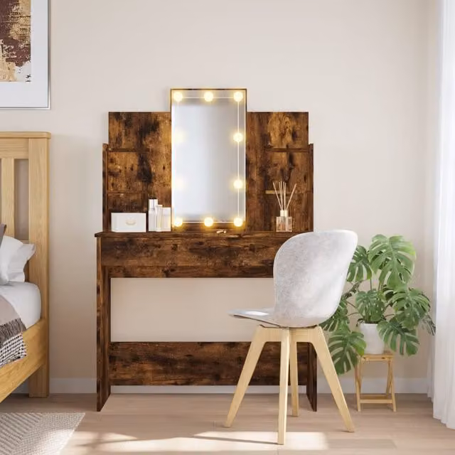 Berkfield Home Dressing Table with LED Lights in Smoked Oak Brown, W/D/H: 96 x 40 x 142 cm