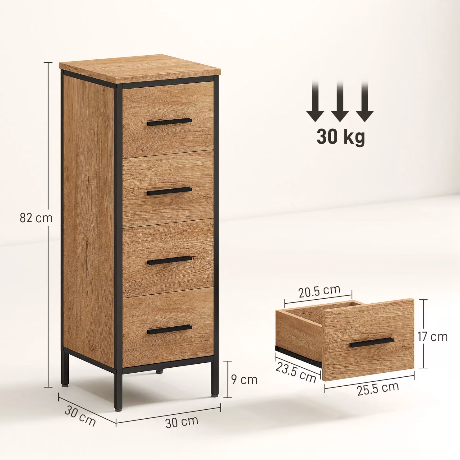HOMCOM Narrow Bathroom Storage Cabinet with 4 Drawers in Light Oak – 3