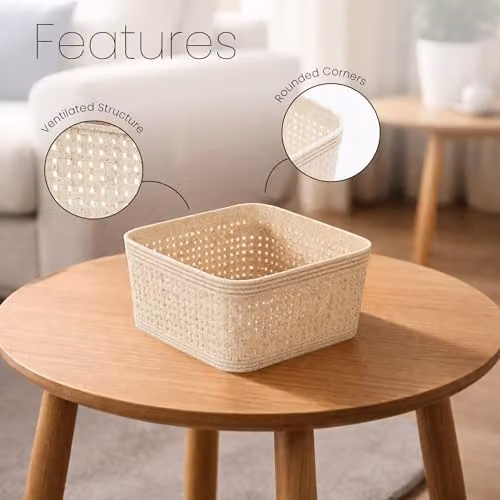 Libbi Lou Set of 6 Stackable Woven Design Plastic Storage Baskets in Beige, W/D/H: 12 x 12 x 12 cm – 2