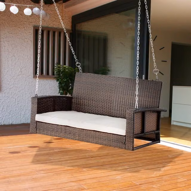 Outsunny 2-Person Outdoor Wicker Hanging Porch Swing with Cushions in Brown and Beige