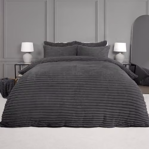OHS Super King Grey Chunky Teddy Duvet Cover and Pillowcase Set with Reverse Fleece – 1