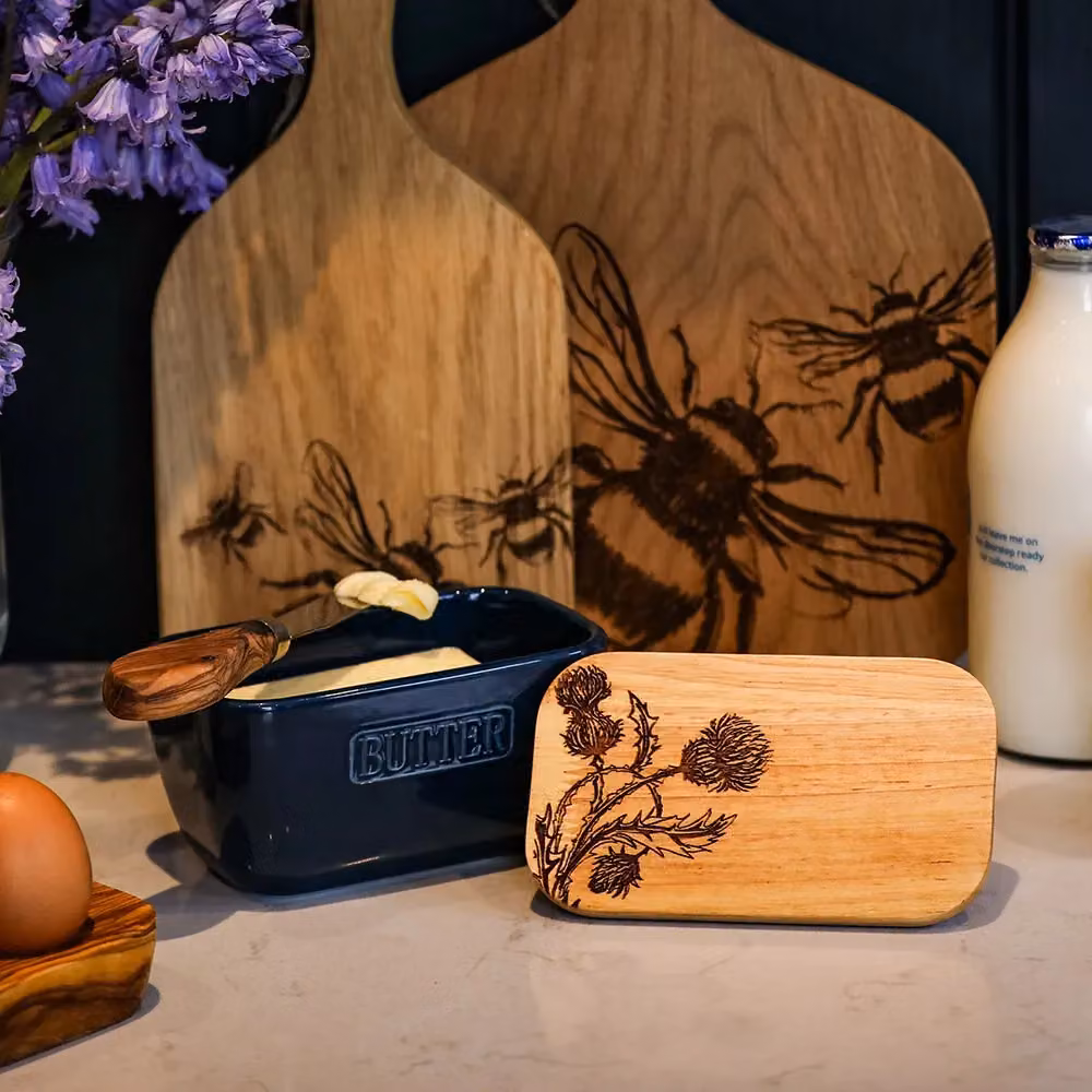 Selbrae House Blue Thistle Trio Ceramic Butter Dish with Wood Base – 2