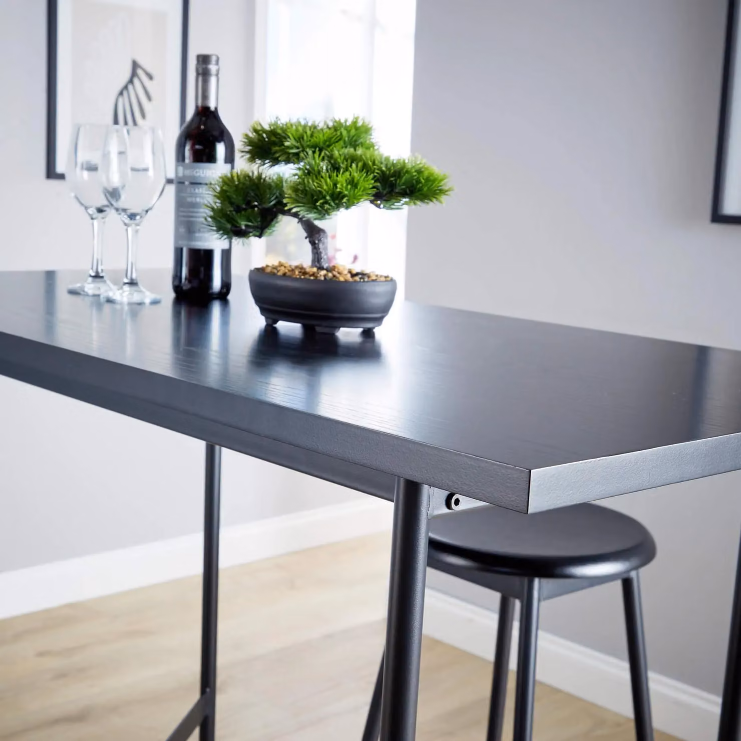 Home Source Bar Table and Stool Set with Black Metal Frame and Oak Wood Finish – 3