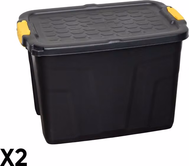 Samuel ALEXANDER 2 x 60L Heavy Duty Lockable and Stackable Plastic Storage Tubs with Clips in Black and Yellow, W/D/H: 40 x 40 x 40 cm – 6