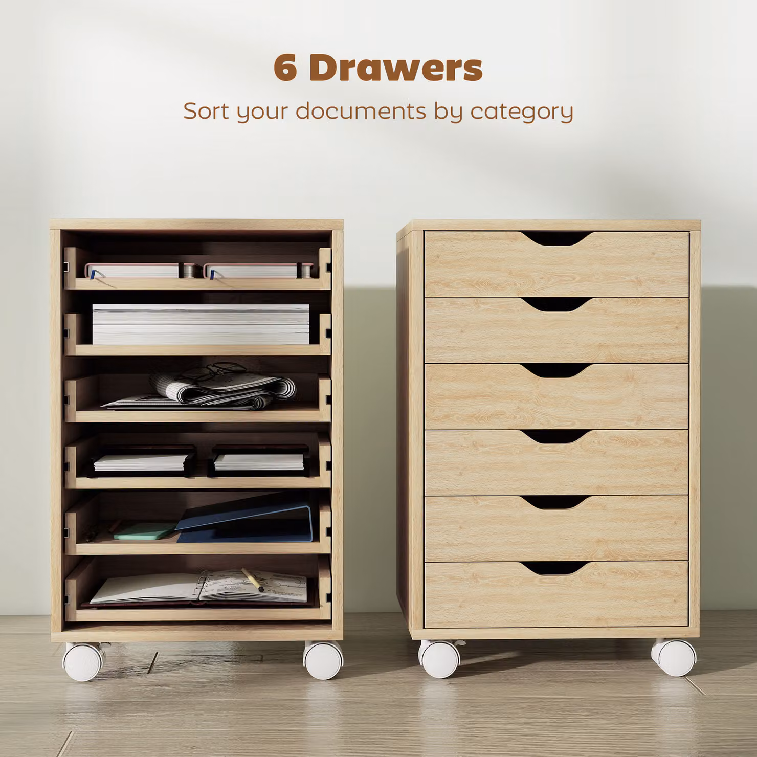 HOMCOM 6 Drawer Vertical Mobile Filing Cabinet in Brown Oak Wood Effect with Lock and Castors – 3