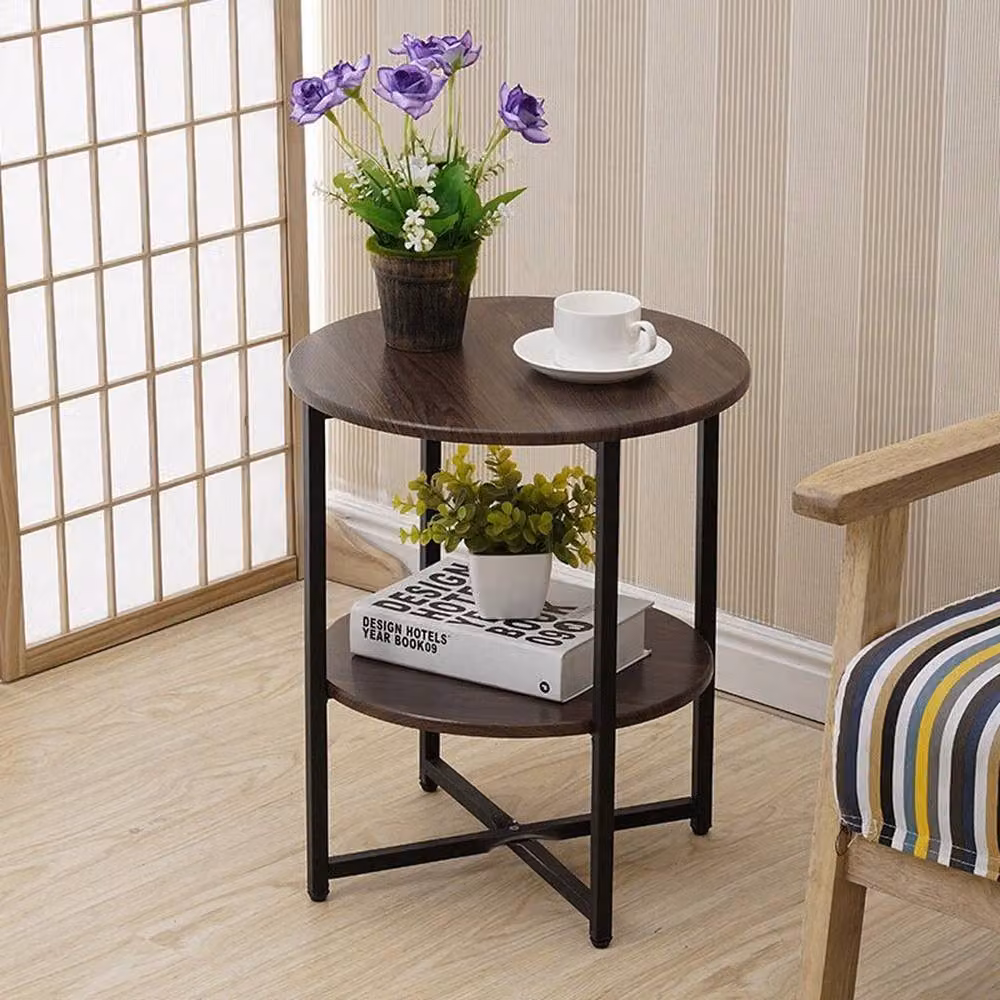KORVIXA Small Round Wood and Metal Sofa Side Table in Brown, H 47 cm x W 40 cm x D 40 cm – 5