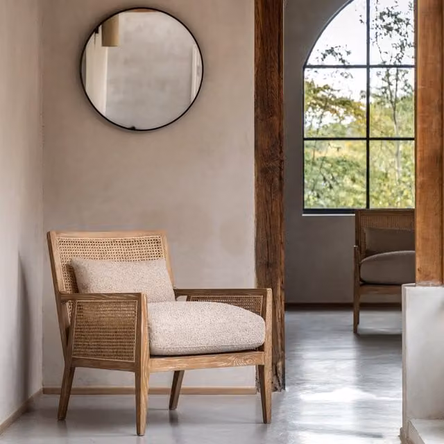 Terrys Nagoya Armchair in Beige Fabric with Natural Wood and Rattan Frame