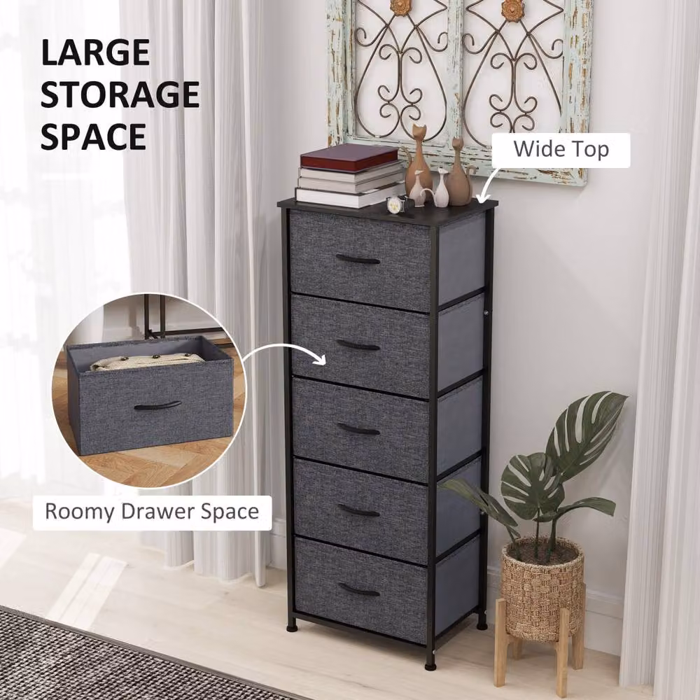 Wyld Haus Ralora 5 Drawer Dresser in Dark Grey Fabric with Steel Frame – 5