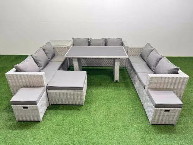Fimous Modern Rattan Garden Furniture Set with Side Table and 3 Stools in Light Grey